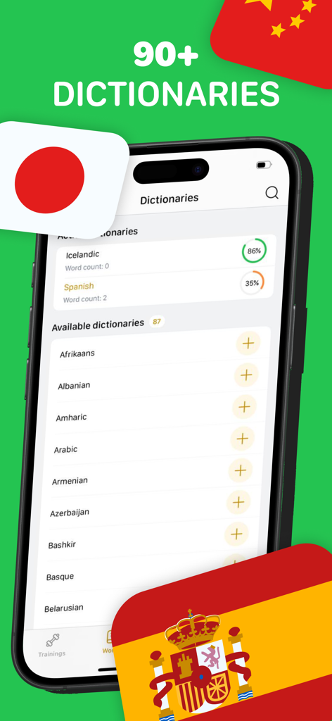 My Dictionary app screen showing a list of over 90 available language dictionaries