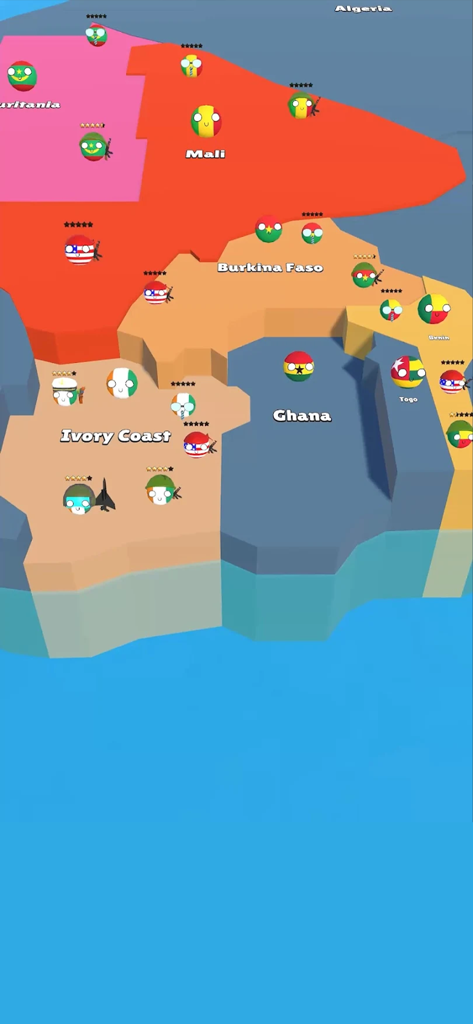 Mapa de juego 3D de África con personajes countryball