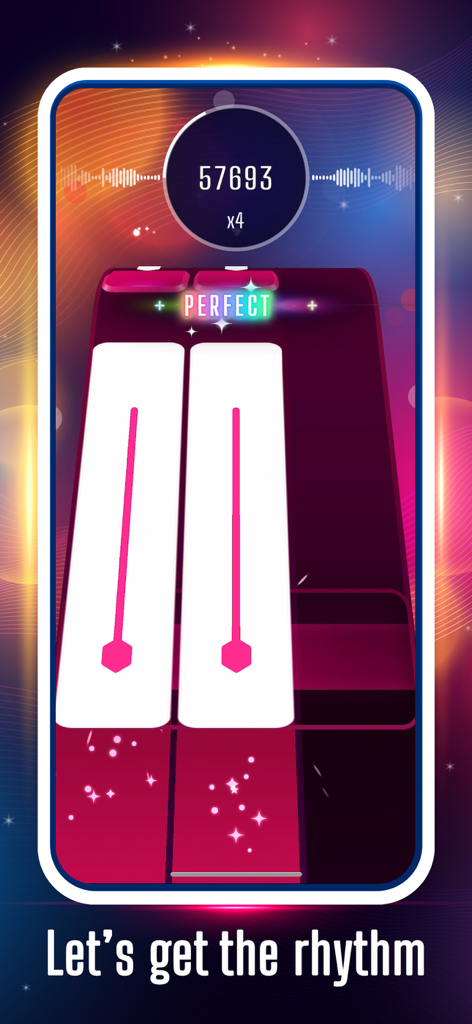 Tap Tap Hero: Be a Music Hero - Captura de pantalla de la jugabilidad del juego de ritmo Tap Tap Hero que muestra teclas cayendo y un acierto perfecto.