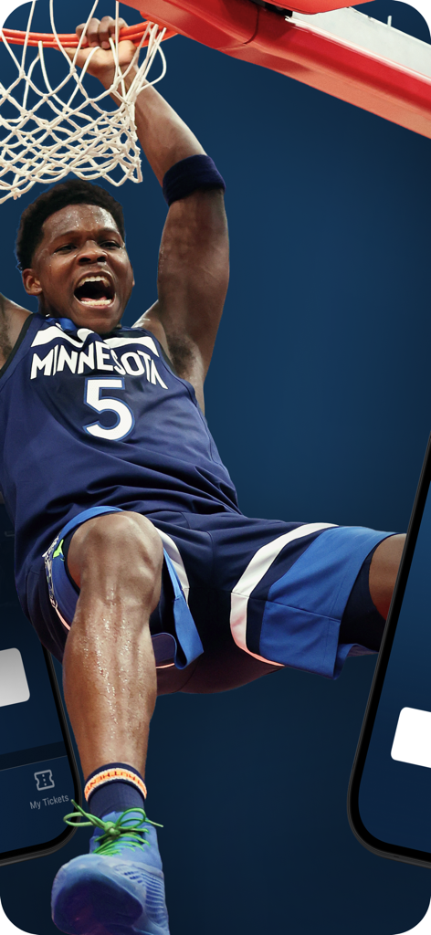 Minnesota Timberwolves - ミネソタ・ティンバーウルブズのモバイルアプリのスプラッシュ画面でダンクするアンソニー・エドワーズ