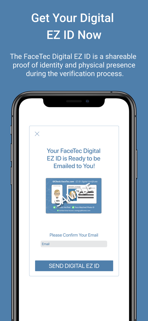 Tela do aplicativo FaceTec ID Check mostrando um certificado EZ ID digital pronto para ser enviado por e-mail