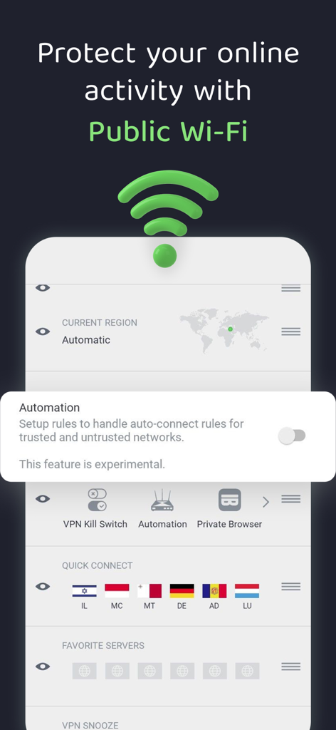 Interface of VPN by Private Internet Access showing public Wi-Fi protection and network automation settings
