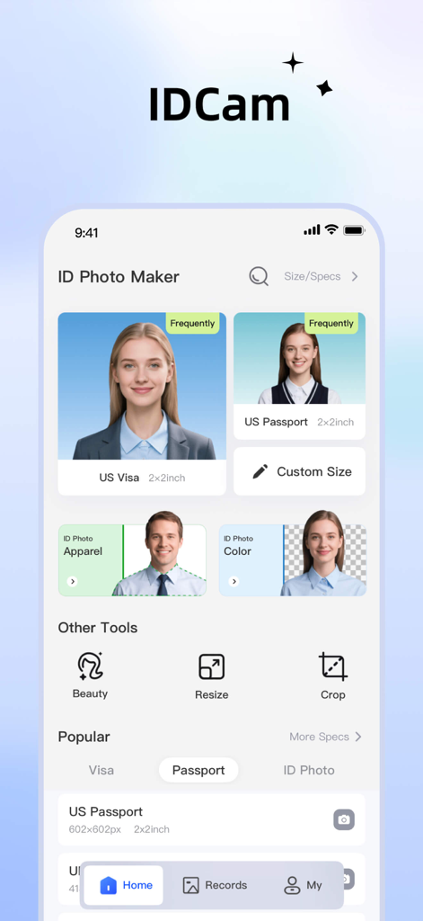 ID photo passport maker：IDCam - IDCam app interface showing options for US visa and passport photos with beauty and apparel tools