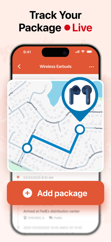 ParcelBox - Package Tracker - Pantalla de un smartphone que muestra el seguimiento de un paquete en un mapa en vivo dentro de la aplicación ParcelBox.