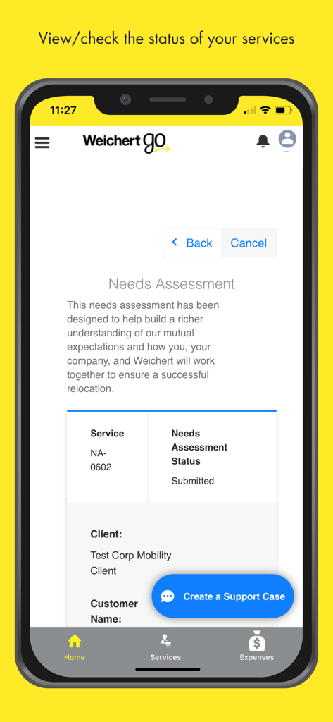 Weichert Go - Employee - Schermata di stato della valutazione delle esigenze di ricollocazione dell'app Weichert Go