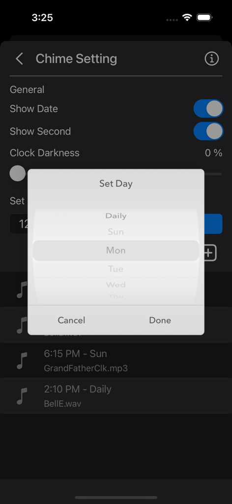 Chime Clock - Chime Clock app settings screen with a day picker menu for scheduling chime alerts