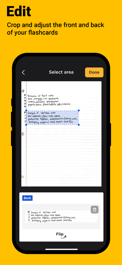 Interface of the Five Star Study App showing a user cropping scanned handwritten notes to create digital flashcards