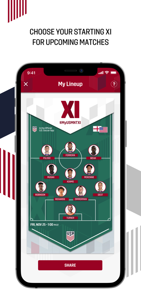 U.S. Soccer – Official App - A smartphone screen showing the U.S. Soccer official app feature to choose and share a starting XI soccer lineup.