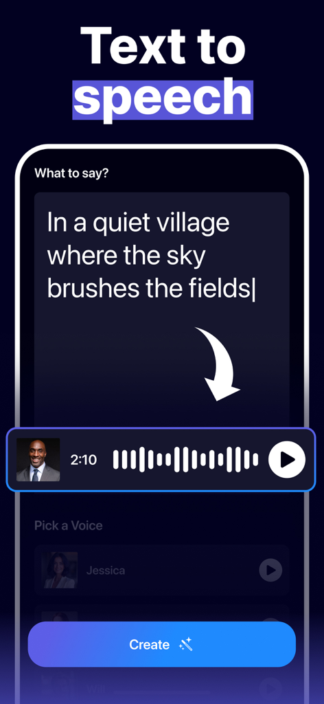 Dub AI: Video, Voice Changer - Interface of Dub AI app showing the text to speech feature with a text input field and audio waveform generation.