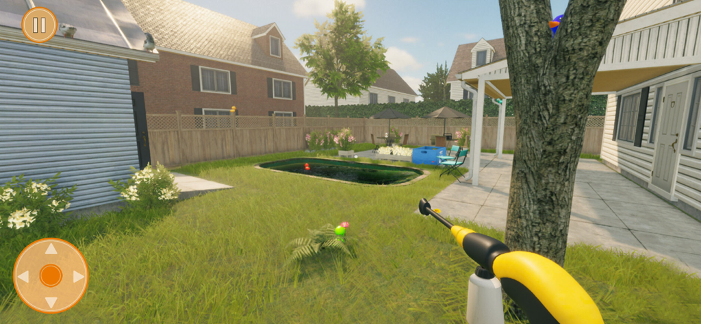 Vista en primera persona de simulación de limpieza de piscinas con hidrolimpiadora en un patio trasero suburbano