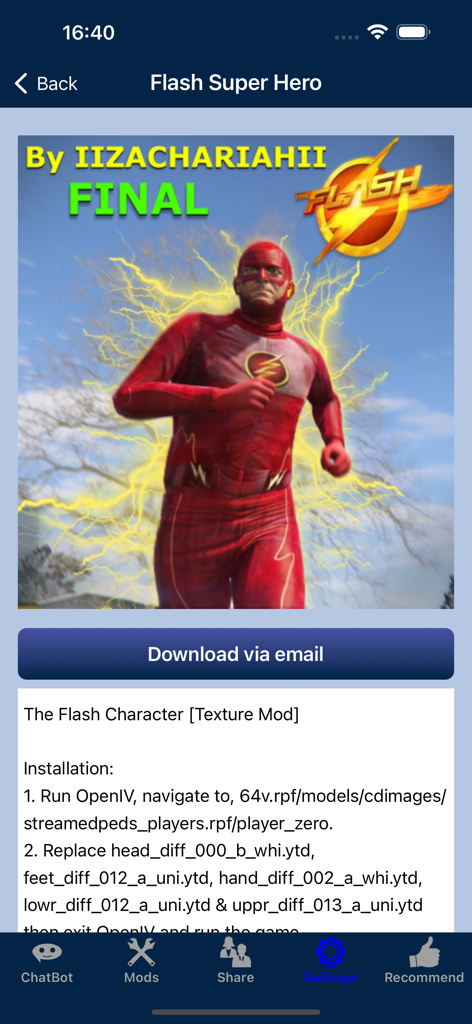 App interface showing a Flash superhero texture mod for GTA 5 with a download button and installation guide