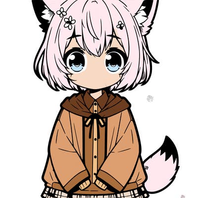 shy anime girl with ears and a tail, sporting a softie style outfit