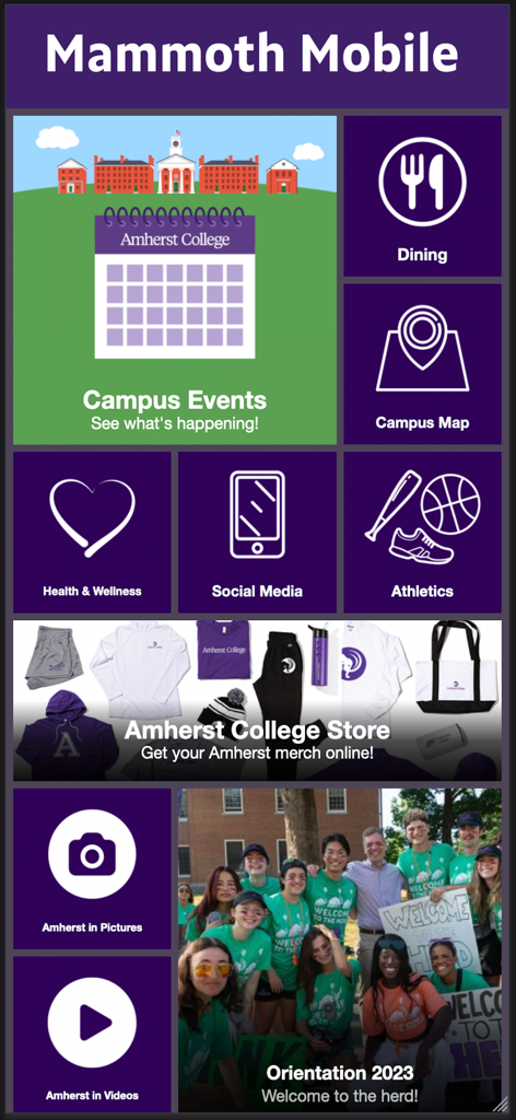 Mammoth Mobile - 앰허스트 칼리지용 매머드 모바일 앱 홈 화면으로, 캠퍼스 이벤트, 다이닝 서비스, 지도, 건강 및 웰빙에 대한 빠른 액세스 타일이 있습니다.