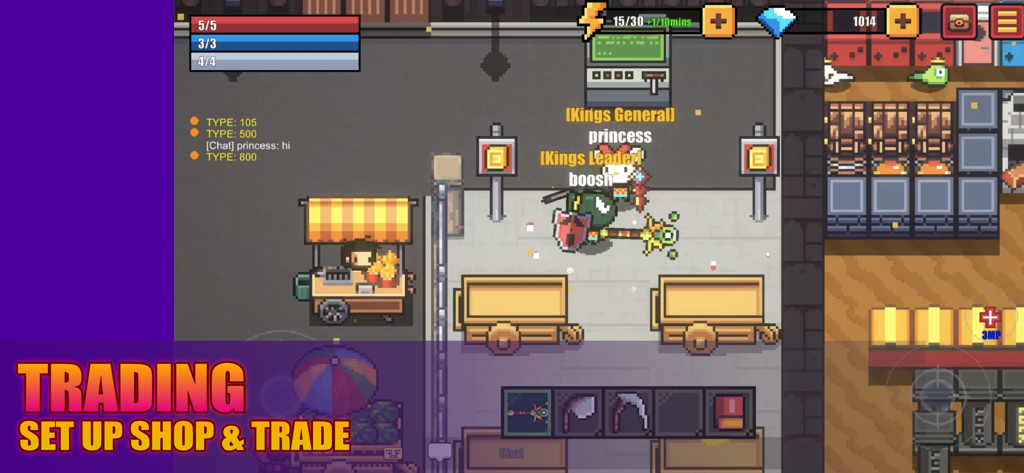 Una scena di gioco pixel art che mostra personaggi in un mercato per il commercio e la creazione di negozi.