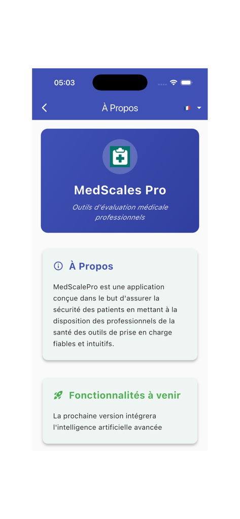 MedScales Pro - Pantalla Acerca de MedScales Pro que muestra la descripción de la aplicación y las próximas funciones de IA.