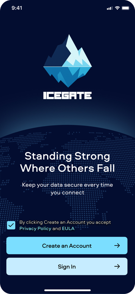 Icegate VPN: Private & Secure - Icegate VPN welcome screen showing the iceberg logo and account creation options.