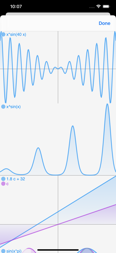 Calca - Graphing interface in the Calca app showing sine waves and linear function plots