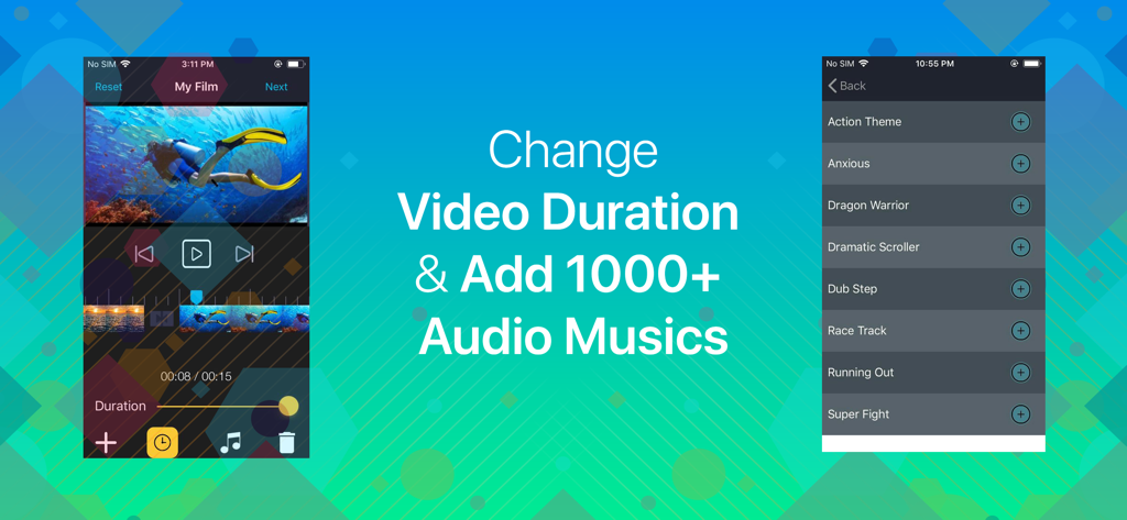 Slideshow with Music Maker App - Interface de l'application Slideshow with Music Maker montrant l'ajustement de la durée de la vidéo et la sélection de la piste musicale