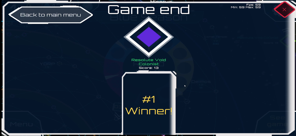 High Frontier 4 All - Game end screen of High Frontier 4 All showing a victory message and final score for a player.