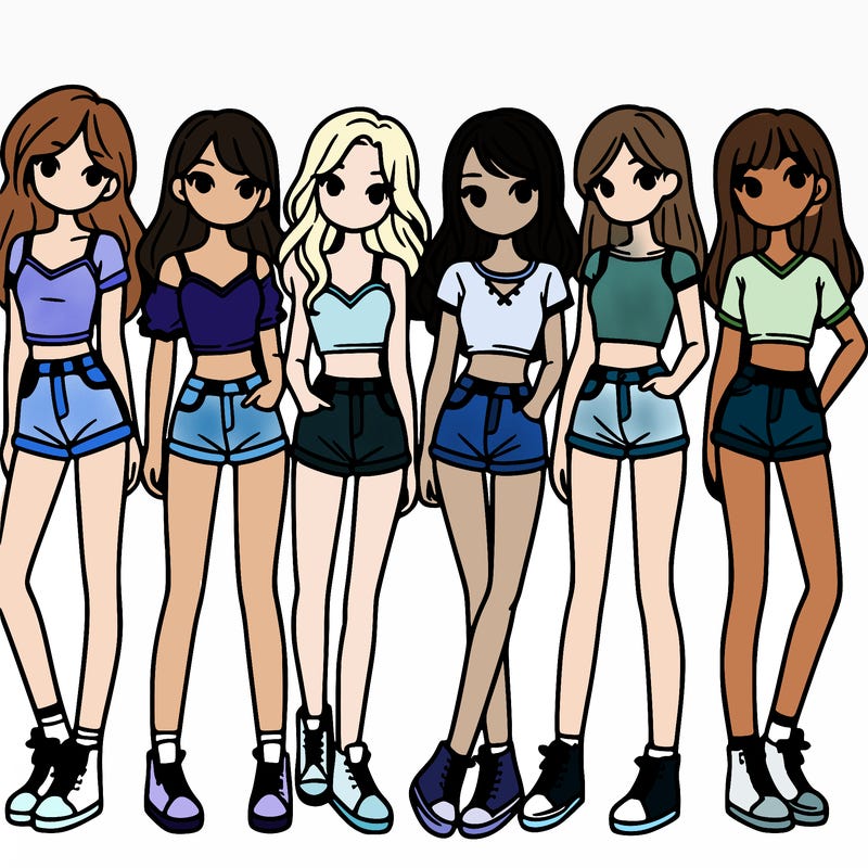 a group of girls wearing crop tops and shorts