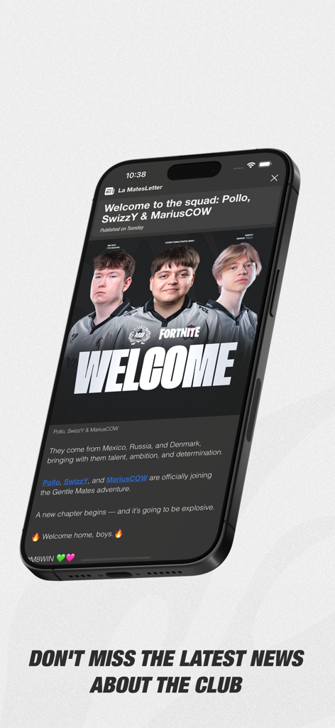 Gentle Mates app news article announcing new Fortnite squad members Pollo, SwizzY, and MariusCOW.