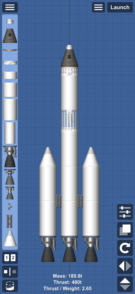 The rocket construction editor in Spaceflight Simulator showing a multi-stage rocket design with mass and thrust stats