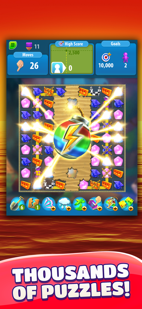 Gummy Drop! Match 3 Puzzles - Gameplay screenshot of Gummy Drop Match 3 Puzzles showing a large rainbow bomb booster on the board.