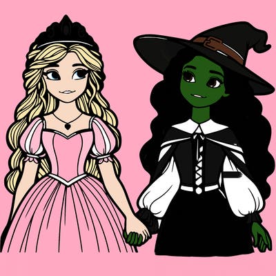 a princess and a witch holding hands realistic