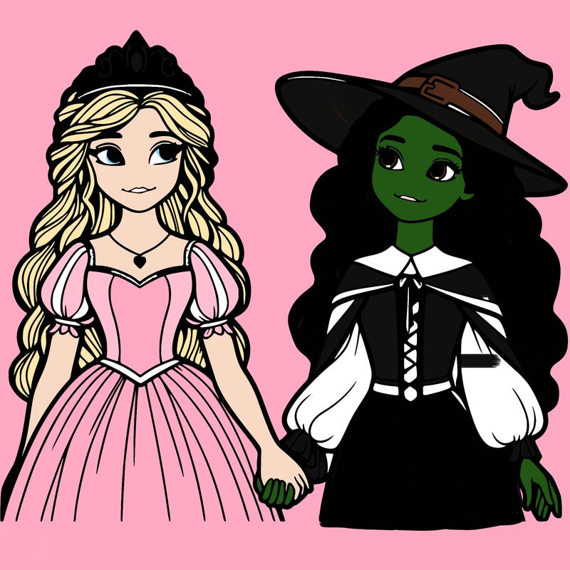 a princess and a witch holding hands realistic
