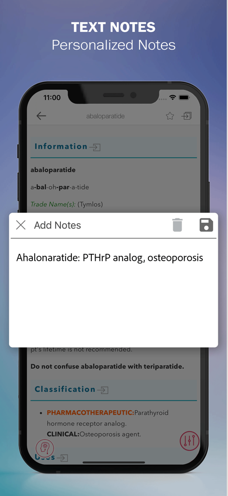 Saunders Nursing Drug Handbook - Personalized text notes feature in the Saunders Nursing Drug Handbook app