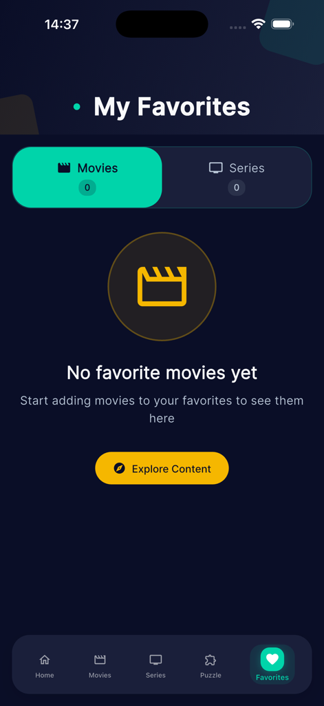 콘텐츠 탐색 프롬프트가 있는 터키 드라마 모바일 앱의 빈 즐겨찾기 화면.