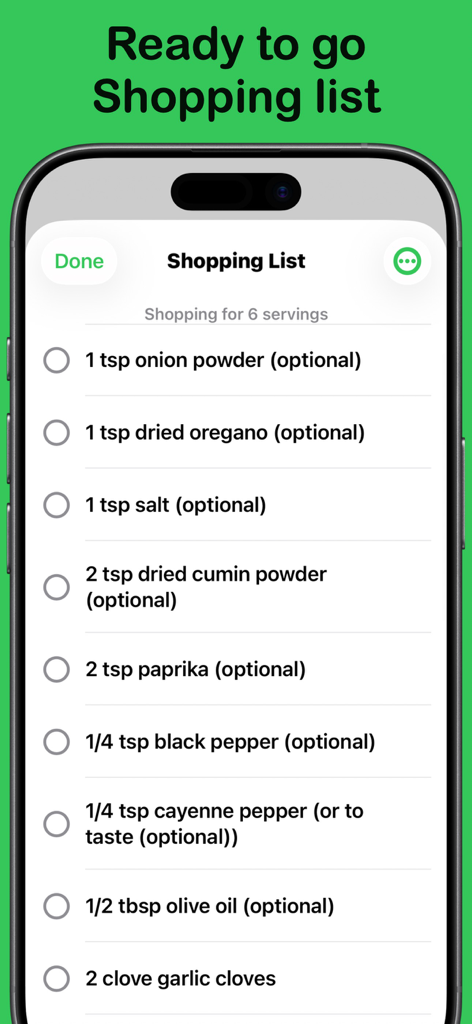 Cook-Book | Ai Powered Recipes - Mobile screen showing a digital shopping list with various ingredients and spices in the Cook-Book app