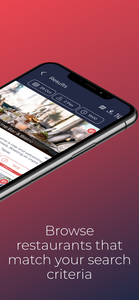 Schermata iPhone che mostra i risultati di ricerca dell'app Dineplan per ristoranti che corrispondono a criteri specifici di data e ora