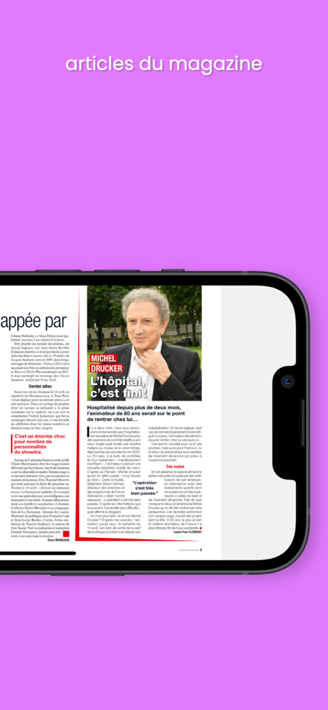 France Dimanche Magazine - A smartphone screen displaying a celebrity news article from the France Dimanche magazine app.