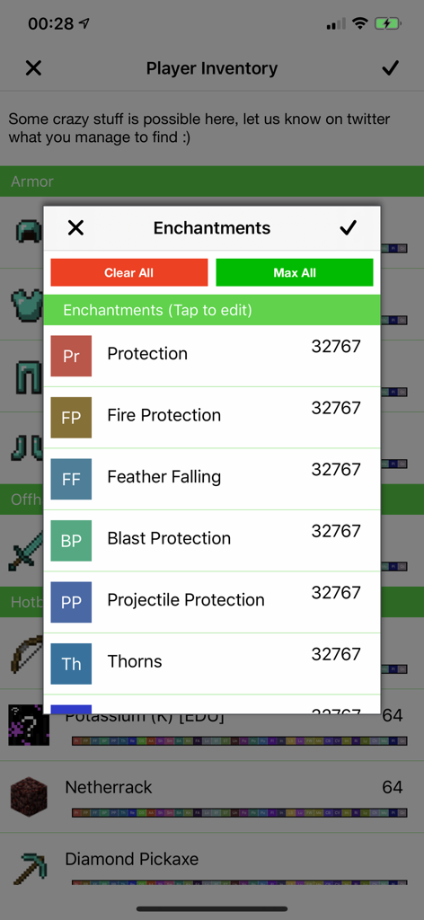 Plug Toolbox for Minecraft - Plug Toolbox for Minecraft interface displaying armor enchantments set to the maximum level of 32767