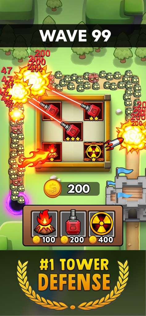 Merge Clash: Tower Defense - Gameplay of Merge Clash Tower Defense showing towers attacking waves of zombies