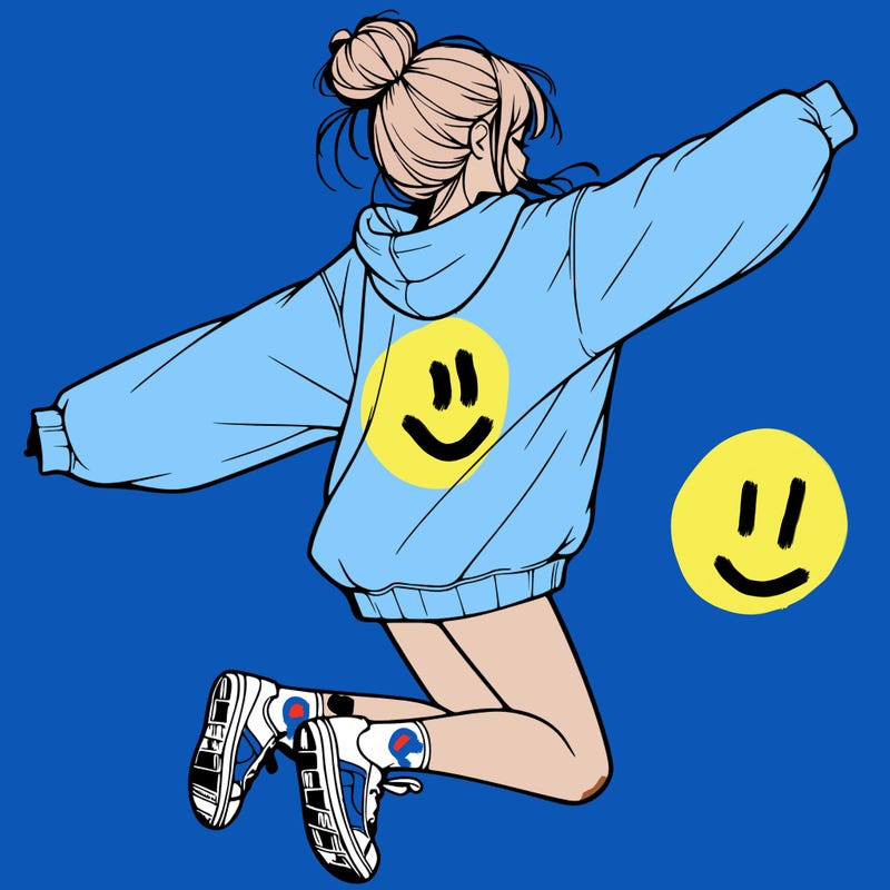 realistic girl jumping with a bun and oversized sweatshirt
