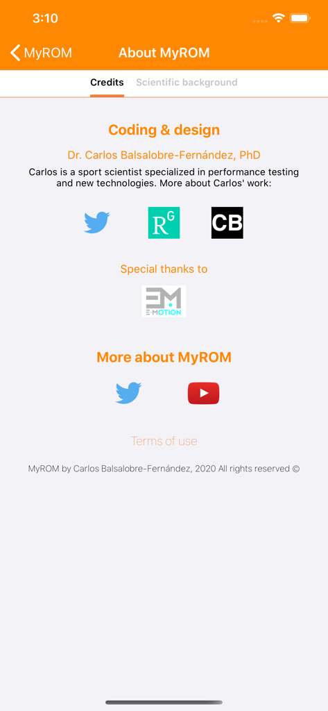 La pantalla 'Acerca de My ROM' mostrando créditos para el desarrollador Dr. Carlos Balsalobre y enlaces a perfiles de investigación científica.