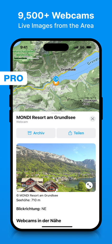 bergfex: Hiking & Tracking - Screenshot of the bergfex hiking app showing live webcam images and a topographic map interface for outdoor trip planning.
