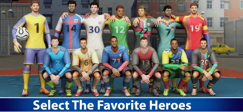 Street Soccer Cup 2026 - Un grupo de jugadores de fútbol callejero con varias camisetas coloridas posando para una foto de equipo.