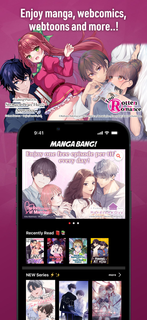 다양한 만화 웹툰 및 웹코믹을 보여주는 MANGA BANG 앱 홈 화면