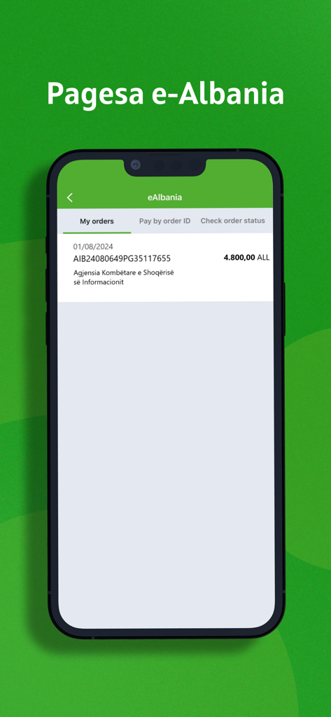 OTP Bank Albania - OTP Bank Albania app interface showing e-Albania payment order history and transaction details.