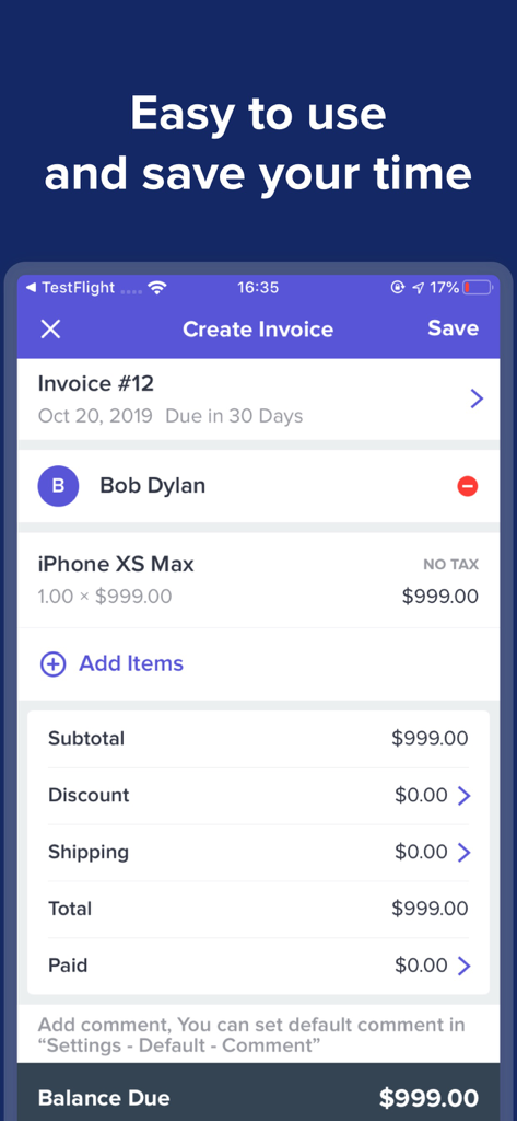 クライアントの詳細と請求額が表示されたプロフェッショナルな請求書作成用のモバイルアプリ画面