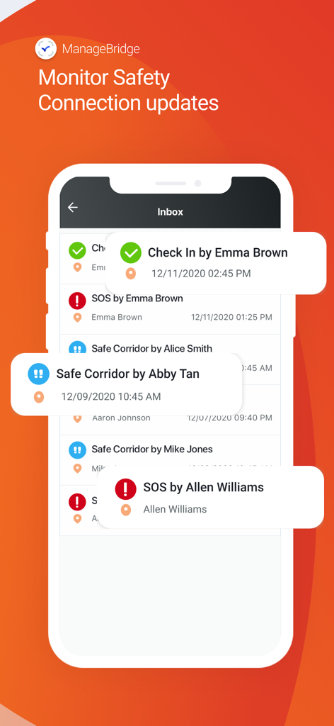ManageBridge - ManageBridge app screen showing safety check-ins and SOS emergency alerts