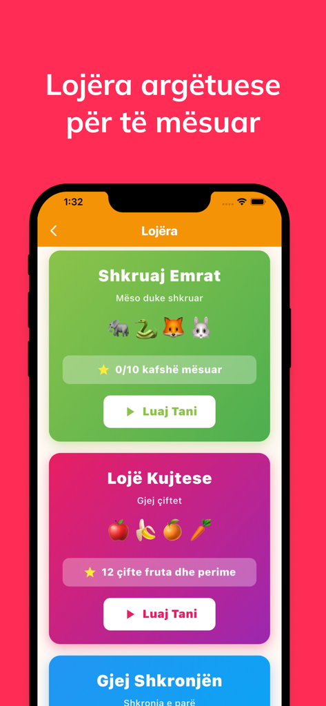 Fjala - Mëso Duke Luajtur - Menú de juegos educativos en la aplicación Fjala para aprender el idioma albanés.