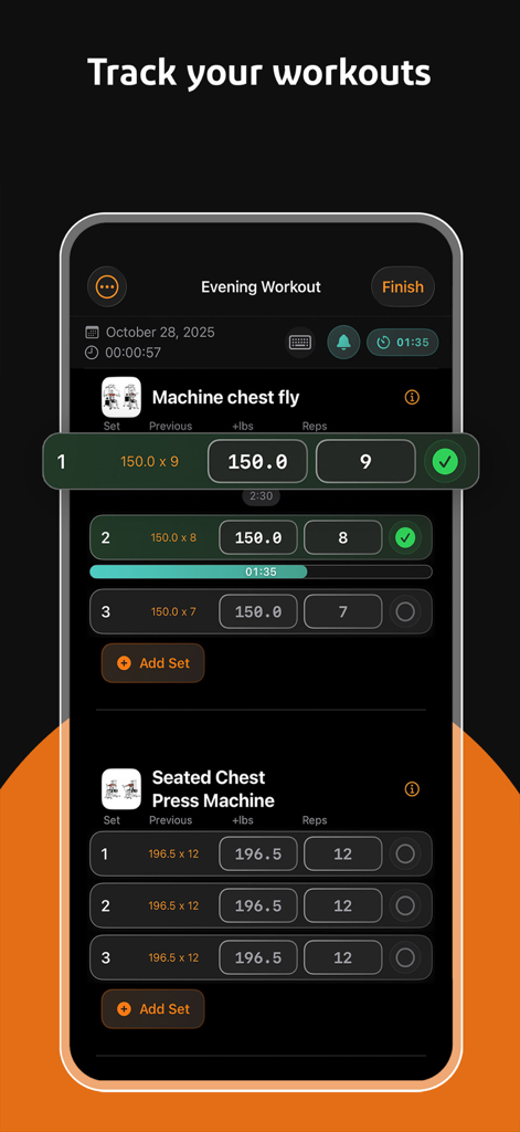 Built Workout - Built Workoutアプリ画面。ジムセッション中にセット、レップ、ウェイトを追跡するための画面