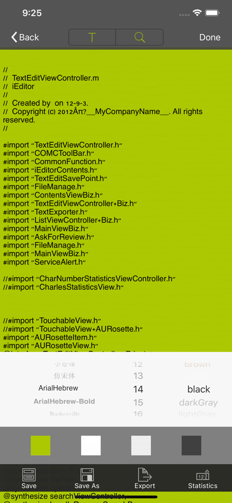 iEditor Pro – Text Code Editor - Mobile code editor interface showing font style and background color customization menus over source code