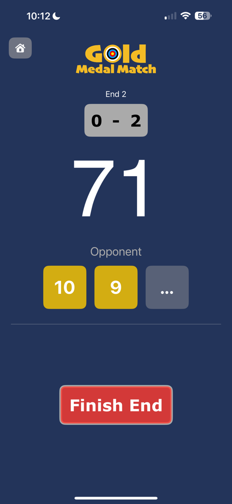 Gold Medal Match - Interfaz de la aplicación de entrenamiento de tiro con arco que muestra un temporizador de cuenta regresiva y las puntuaciones del oponente para una ronda de eliminación simulada.