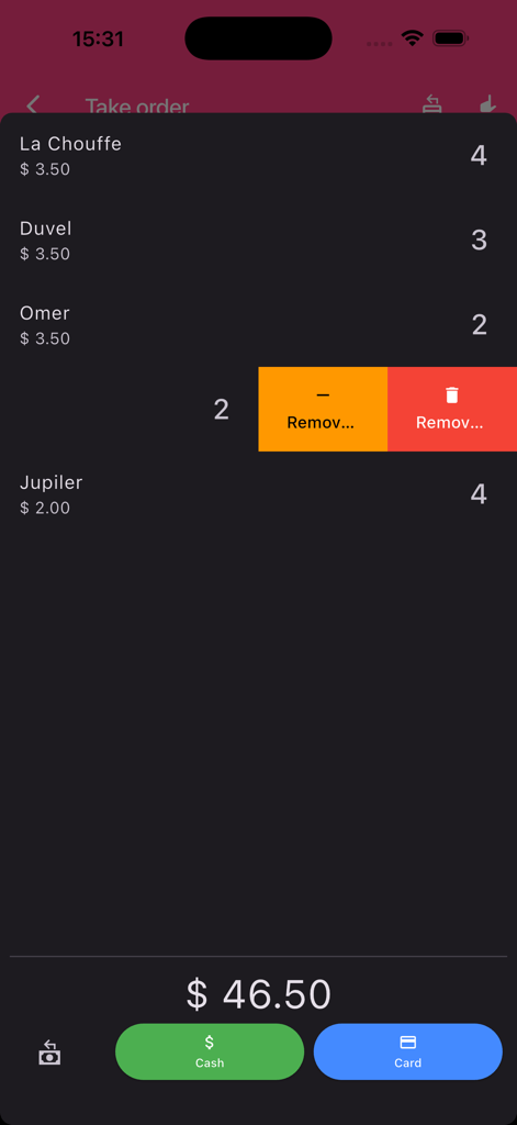 Pantalla de pago de la aplicación Caja Registradora PoS mostrando un resumen del pedido con artículos y botones de pago para efectivo y tarjeta