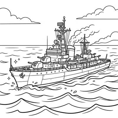 Embark on an ocean adventure with this exciting destroyer warship coloring page, perfectly designed for kids. Explore the detailed vessel as it cruises through the waves, ready for a splash of color.